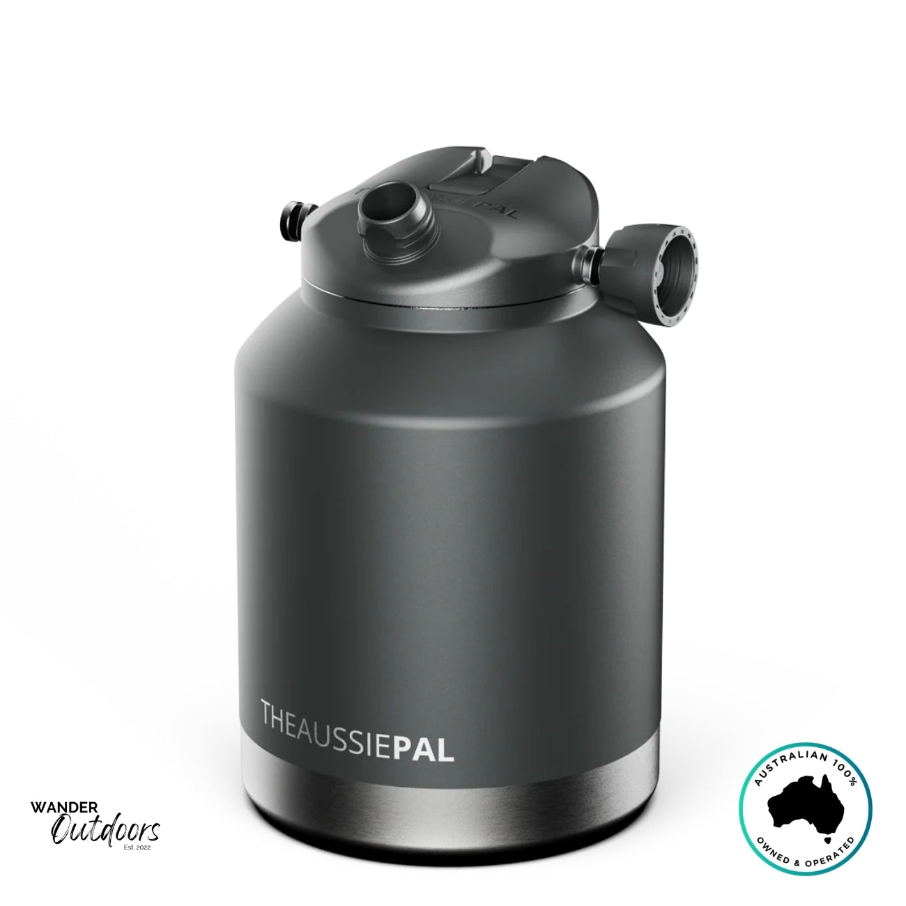 The Aussie Pal 4L charcoal Hydro Jug highlighting chug-style spout for faster pour and hydration on the go.