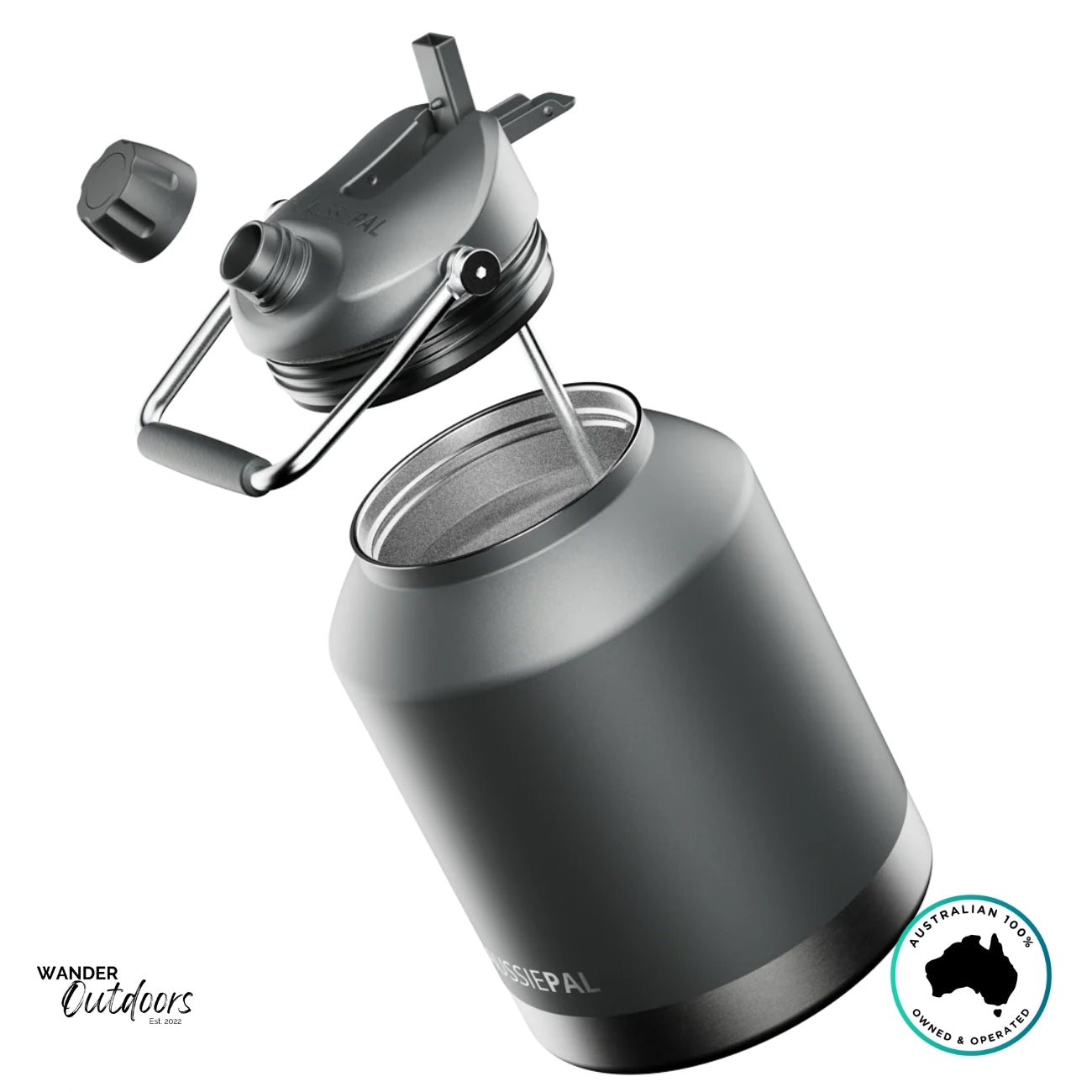 Charcoal 4L Aussie Pal Hydro Jug with lid removed, revealing wide mouth opening and durable stainless interior.