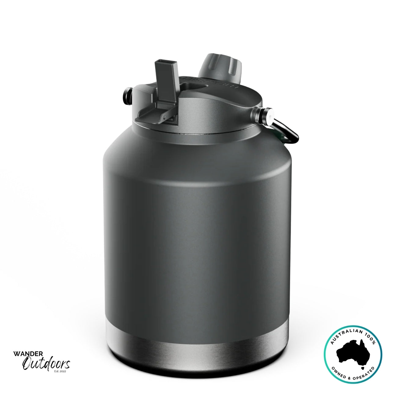 The Aussie Pal 4L Hydro Jug in charcoal featuring sip-style lid and metal handle for easy carrying.