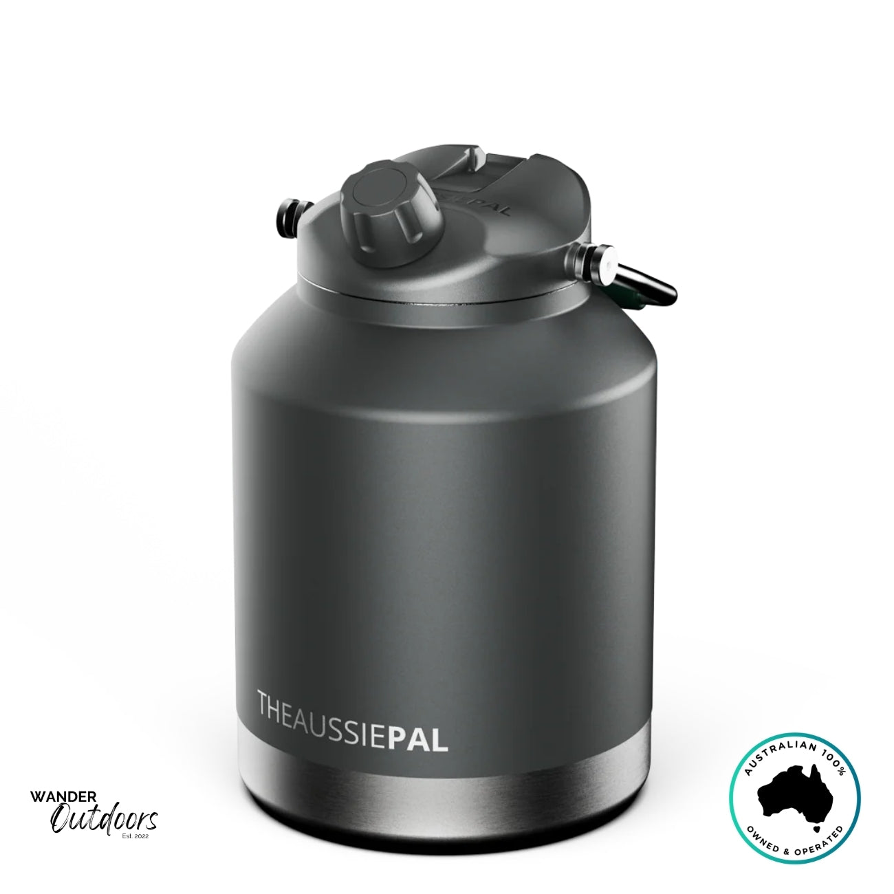 The Aussie Pal 4L Insulated Hydro Jug in charcoal, double-wall stainless design built for outdoor durability.