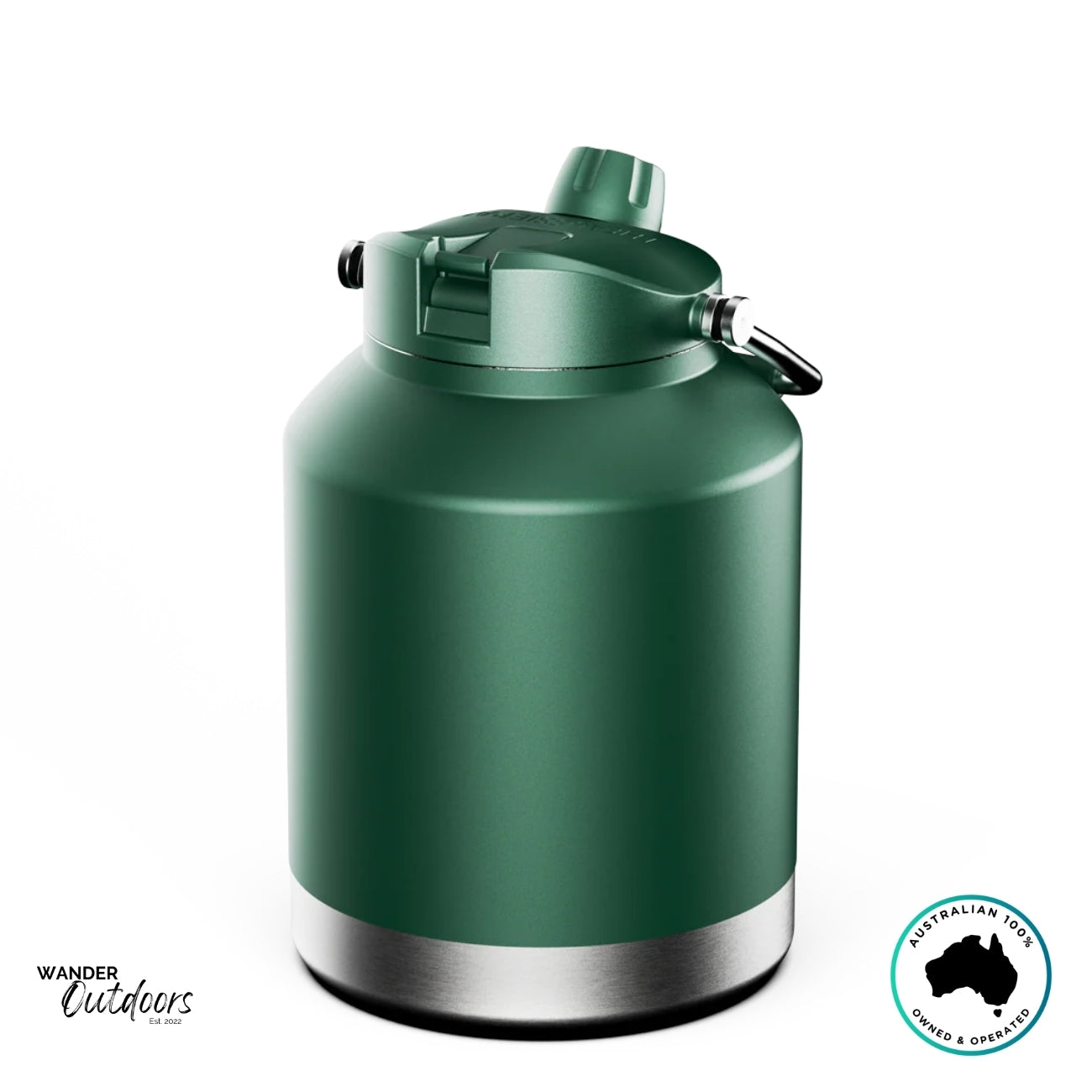 Rear profile of The Aussie Pal 4L insulated jug in green with handle and secure dual-lid setup visible.