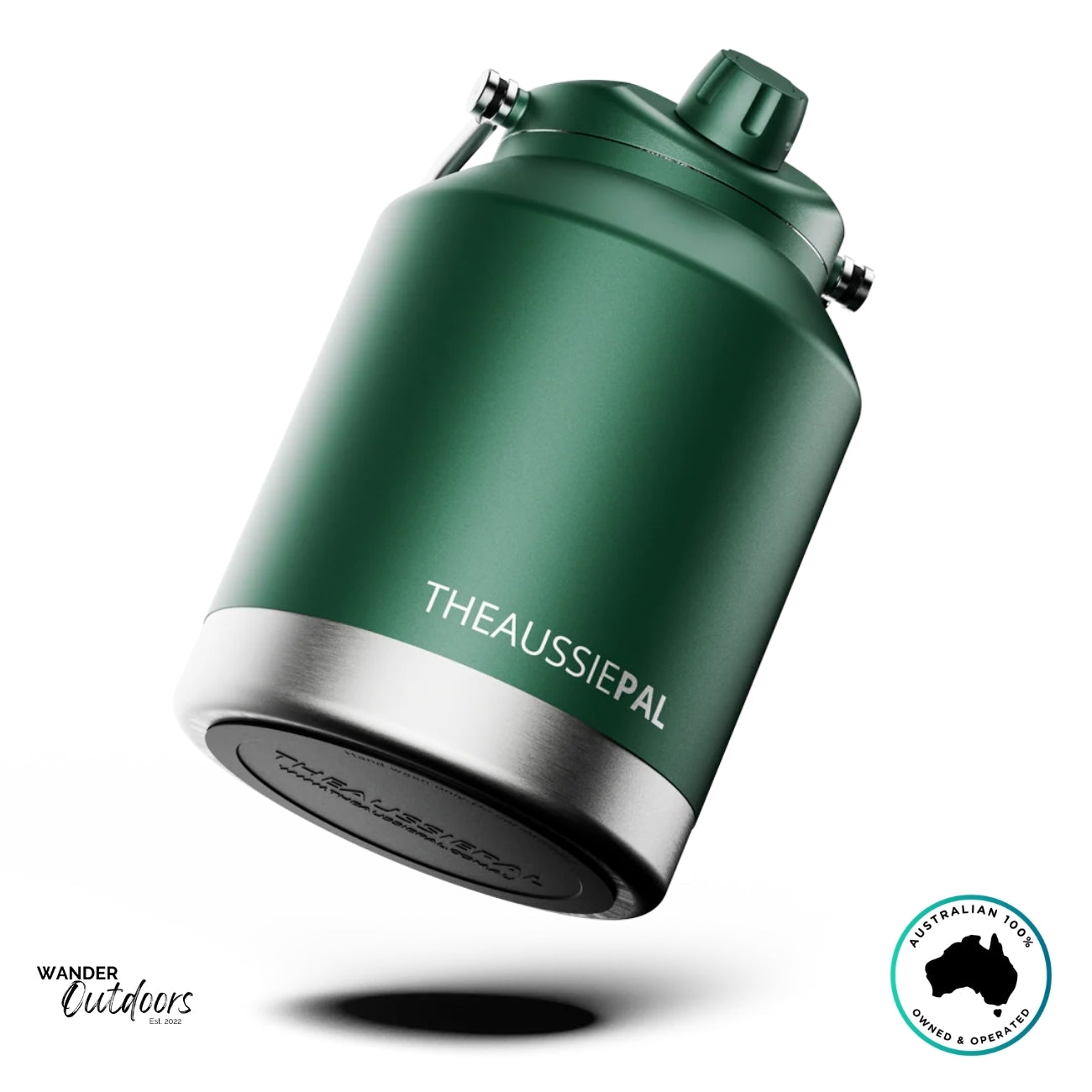 The Aussie Pal 4L Insulated Hydro Jug in deep green angled to show anti-slip stainless base and premium coating.