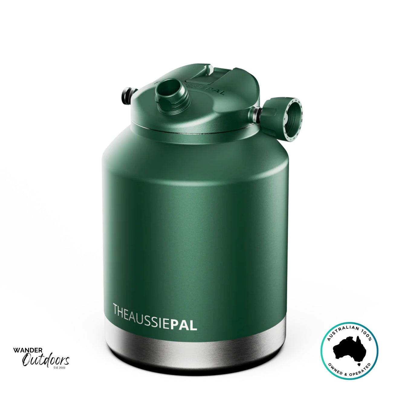 The Aussie Pal 4L green Hydro Jug featuring chug spout lid for quick pour and hydration, with stainless base finish.
