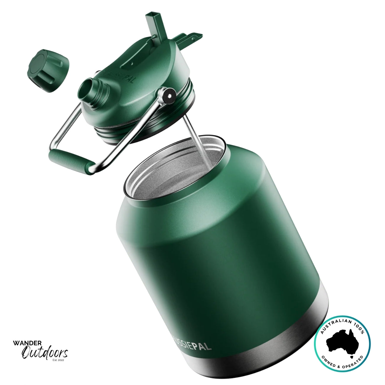 Green 4L Aussie Pal Hydro Jug with lid and straw assembly detached, displaying interior and construction detail.