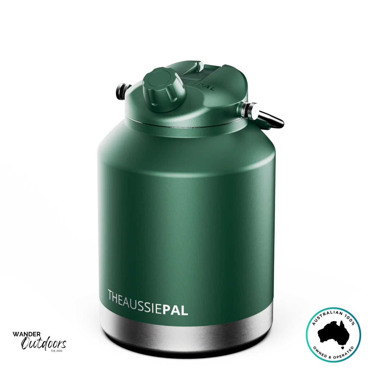 The Aussie Pal 4L Insulated Hydro Jug in deep green, showcasing sleek matte body and stainless steel base.