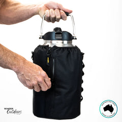 The Aussie Pal 6L Hydro Jug with black insulated bottle sling, shown with sturdy top handle and front zip pocket.