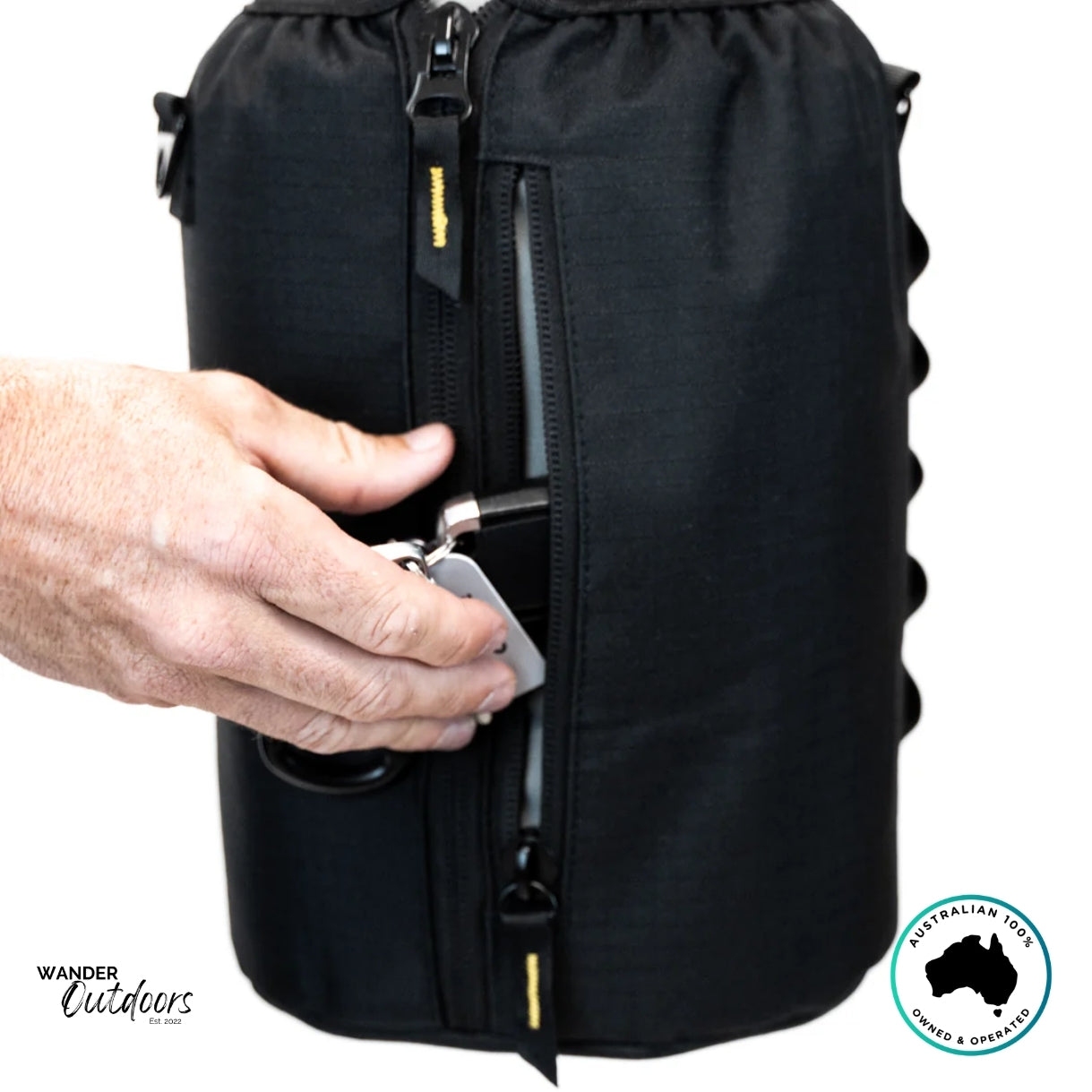 Close-up of The Aussie Pal 6L Hydro Jug Sling pocket being opened to store keys and essentials.
