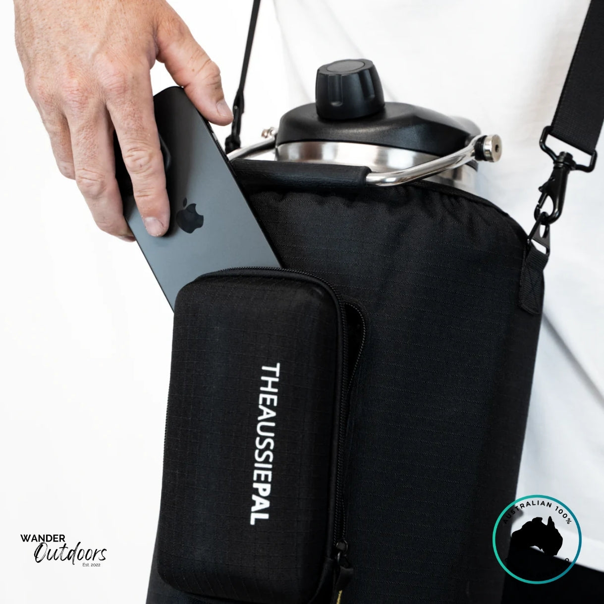 The Aussie Pal 6L Hydro Jug Sling in black featuring external zip pocket designed to fit a smartphone or accessories.