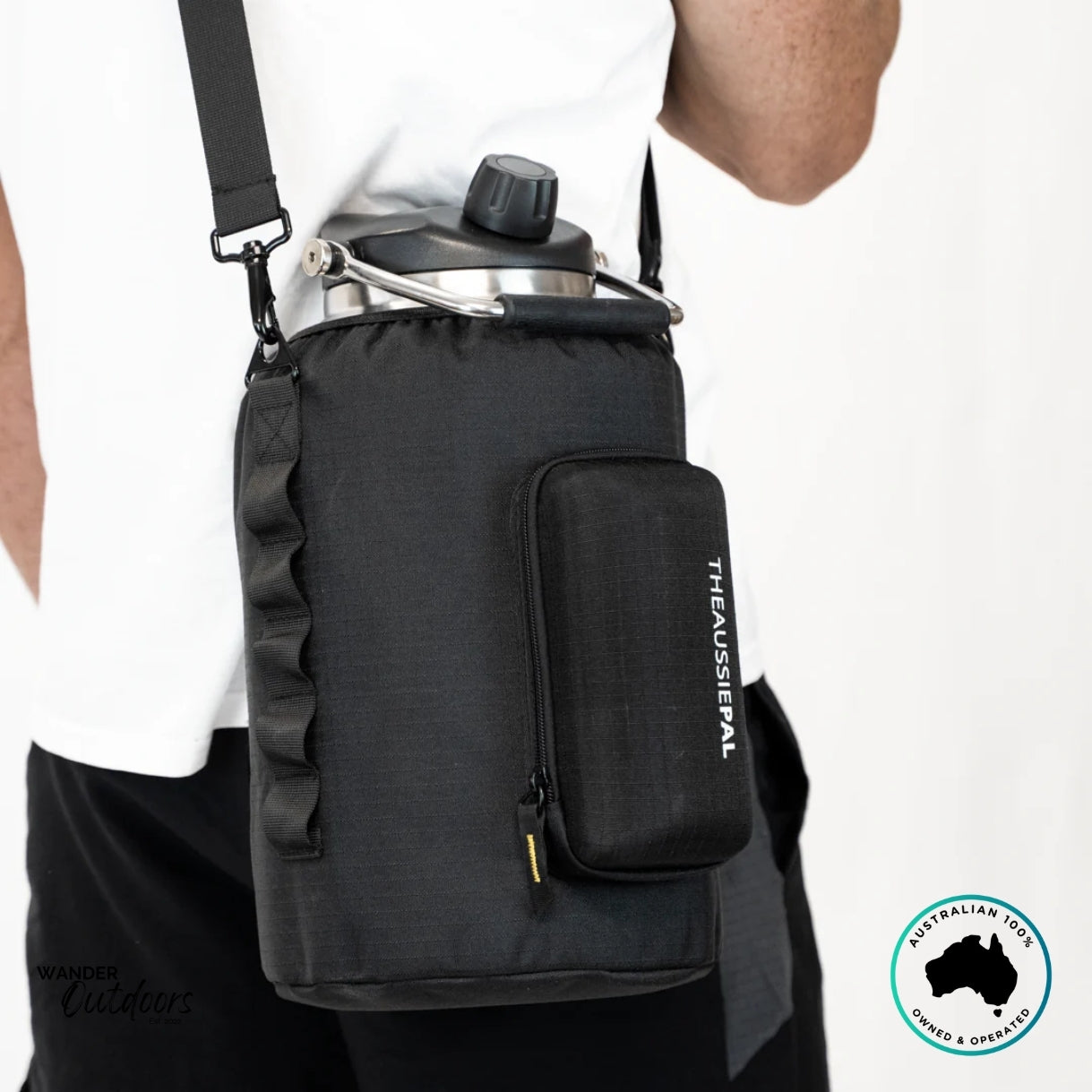 The Aussie Pal 6L Hydro Jug with black insulated sling cover, complete with adjustable strap and storage pocket.