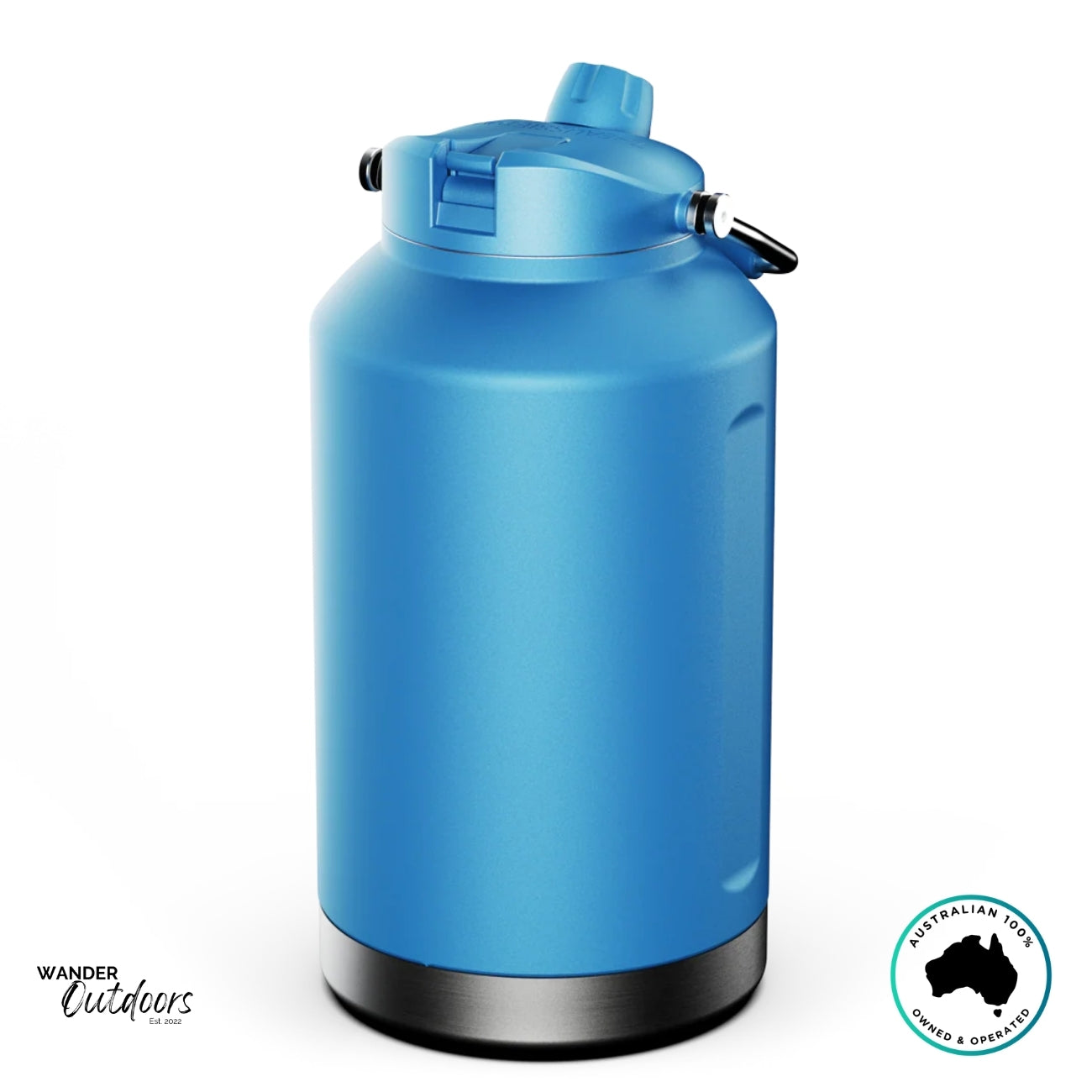 Rear view of The Aussie Pal 6L blue insulated jug showing ergonomic handle, dual-lid system, and rugged matte body.