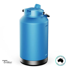 Rear view of The Aussie Pal 6L blue insulated jug showing ergonomic handle, dual-lid system, and rugged matte body.