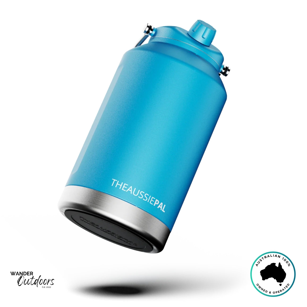 The Aussie Pal 6L Insulated Hydro Jug in ocean blue resting on its stainless base, featuring matte finish and Wander Outdoors branding.