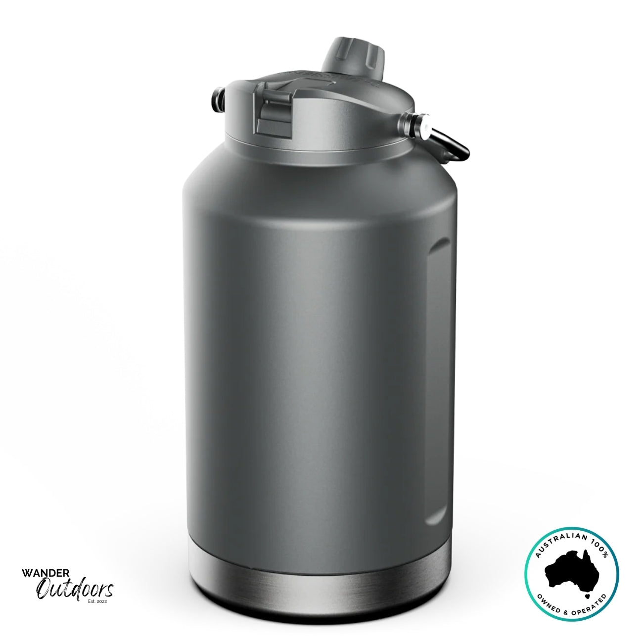 Rear view of The Aussie Pal 6L charcoal insulated jug highlighting ergonomic handle, dual-lid system, and sleek matte body.