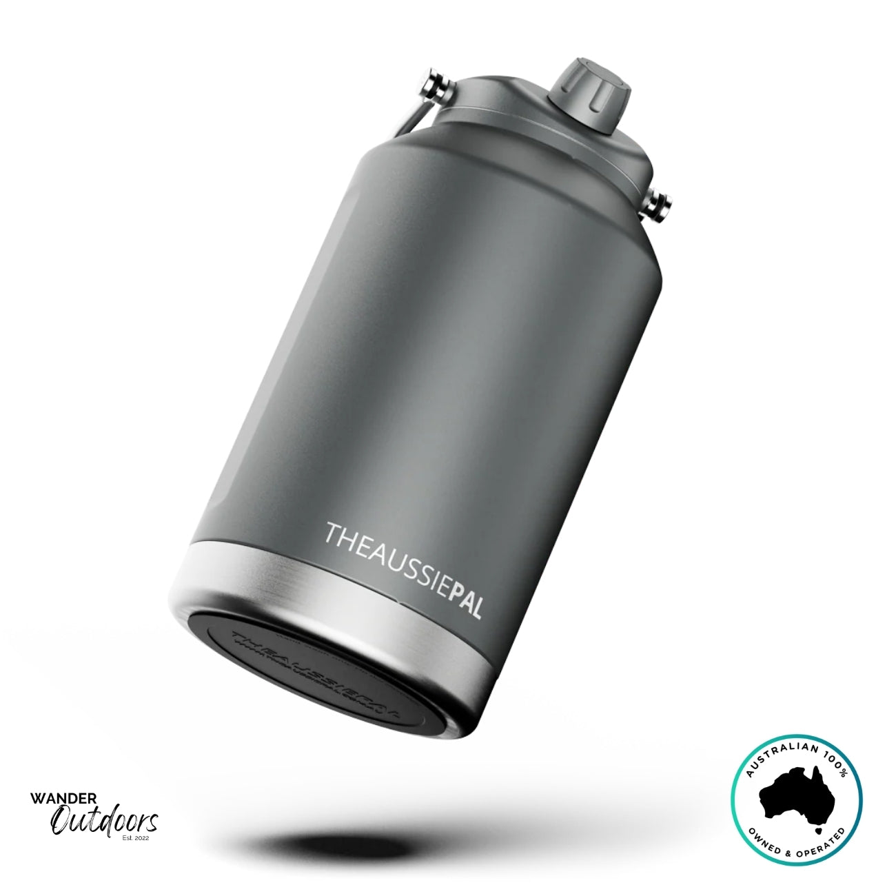 The Aussie Pal 6L Insulated Hydro Jug in charcoal grey resting on its stainless base, showing premium matte finish and Wander Outdoors branding.