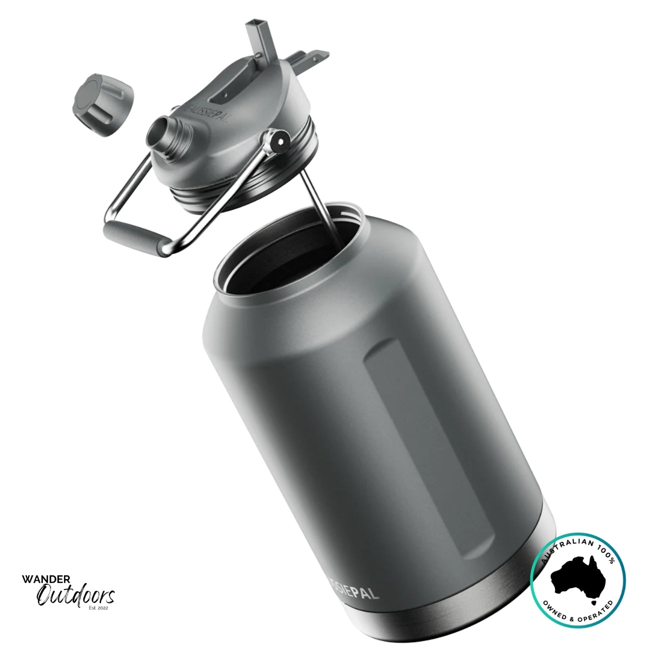 Charcoal 6L Aussie Pal Hydro Jug with new dual-lid removed, showing wide mouth opening, stainless interior, and durable carry handle.