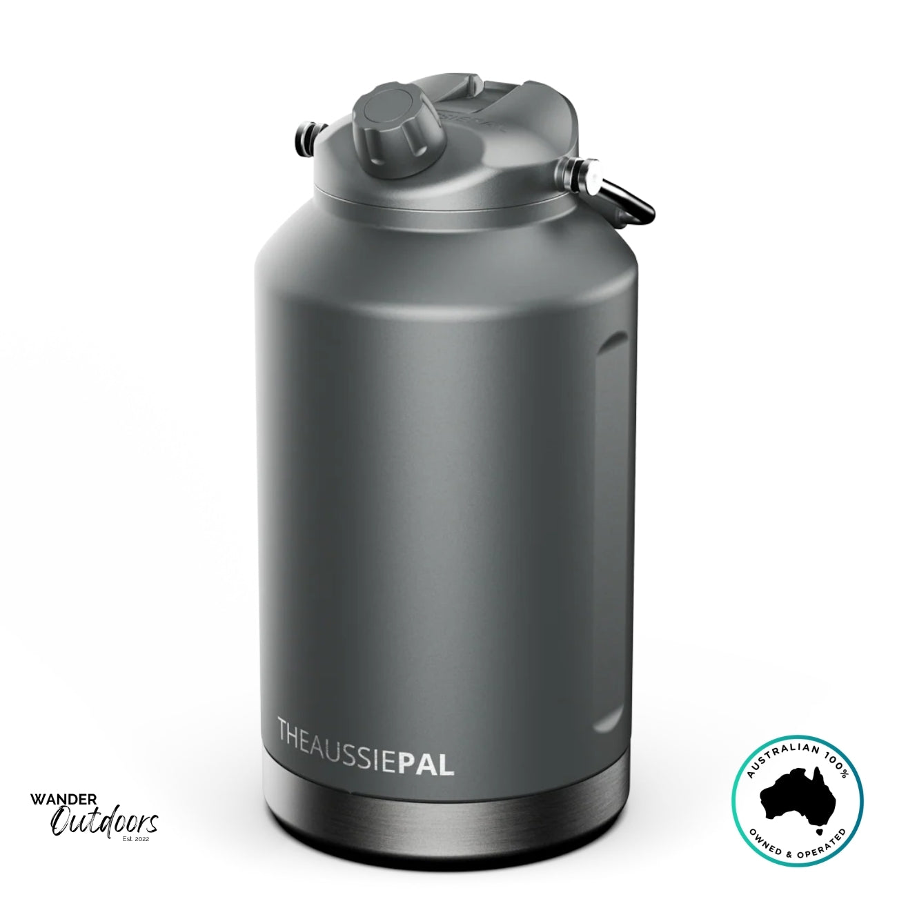 The Aussie Pal 6L Insulated Hydro Jug in matte charcoal with stainless steel base, dual-lid system, and rugged outdoor design.