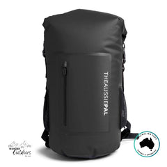 Black backpack with 'The Aussie Pal' branding on a white background
