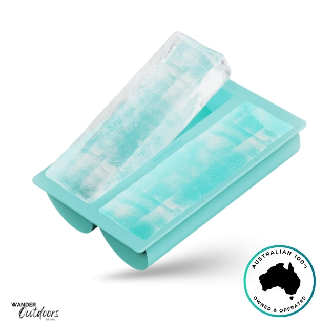 Aqua blue Aussie Pal Perfect-Fit Ice Tray made from BPA-free silicone, designed to create two large half-cylinder ice blocks to fit 1L and 2L Hydro Jugs. Wander Outdoors and Australian Owned logos visible.