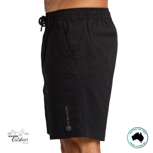 Black shorts with The Mad Hueys Brand Logo on a white background