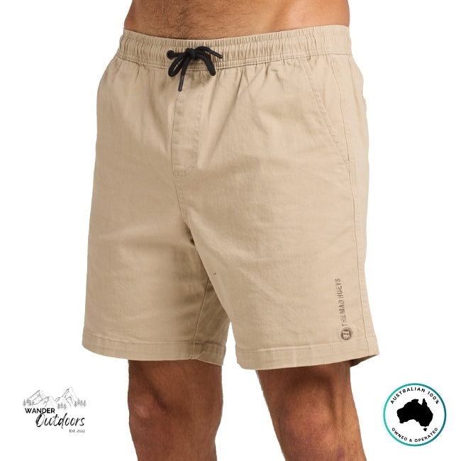 Taupe shorts with The Mad Hueys Brand Logo on a white background