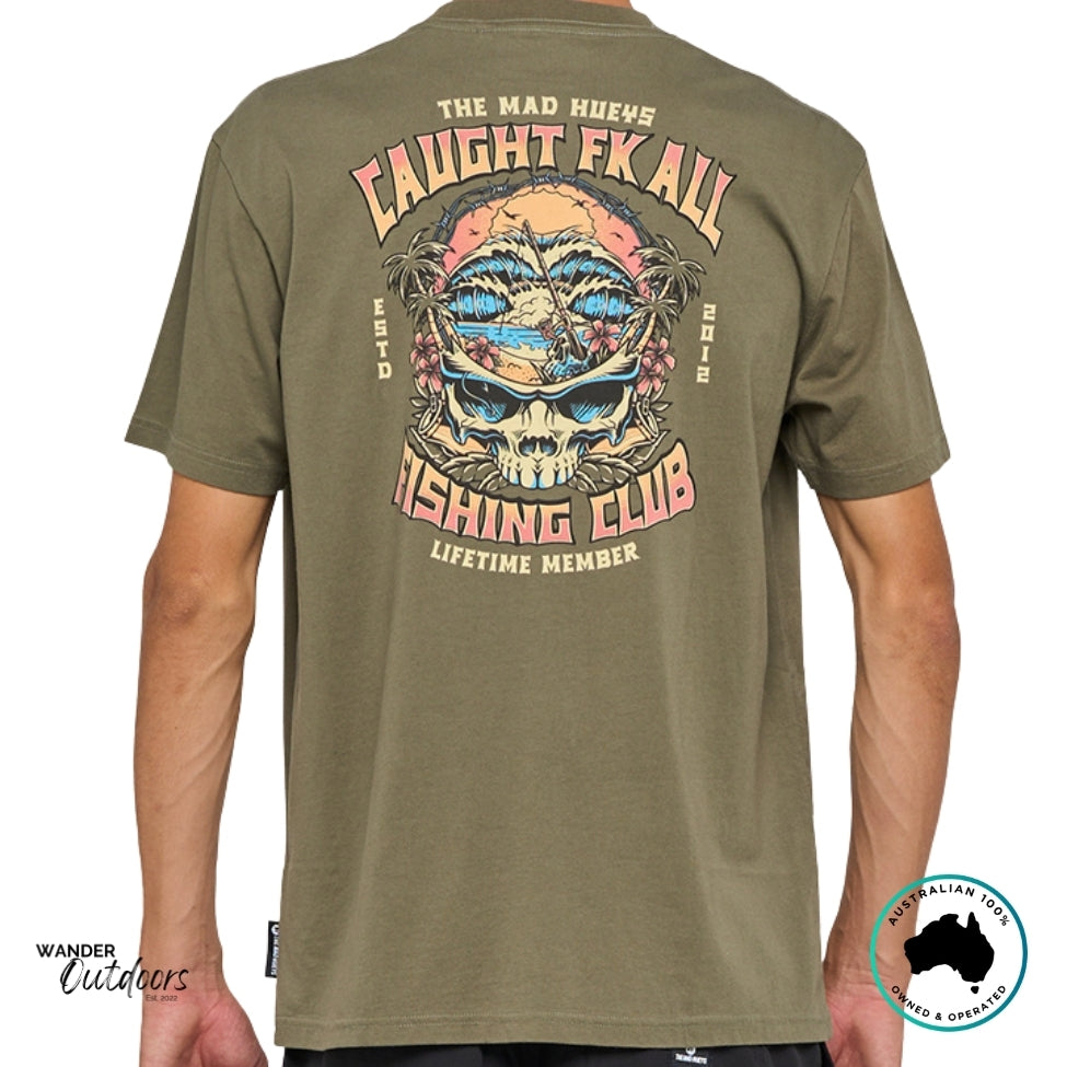 Back view of The Mad Hueys Caught Fk All Fishing Club Tee featuring skull and palm artwork on olive cotton fabric.