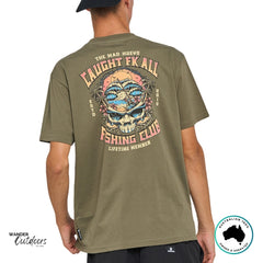 The Mad Hueys Caught Fk All Tee in olive green, back view showing bold surf and fishing skull graphic with island design.