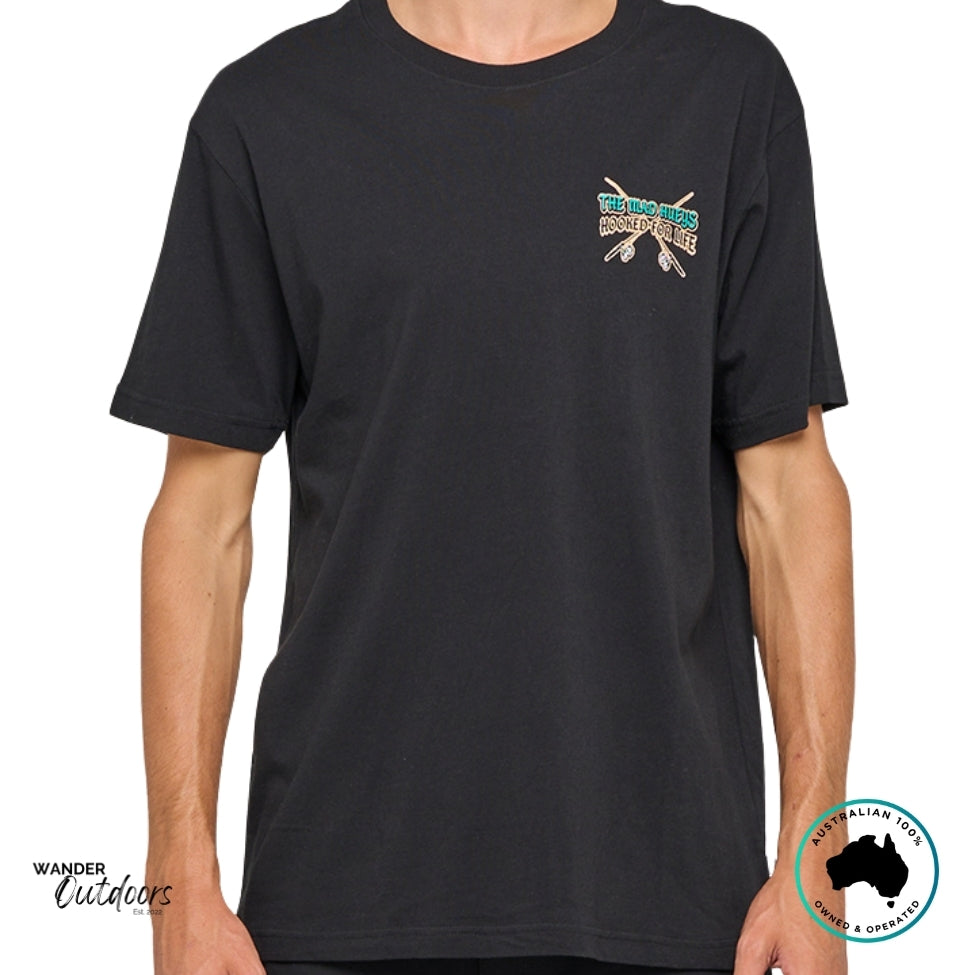 Front view of The Mad Hueys Frothin Hooked For Life Tee in black with small chest logo print and classic fit.