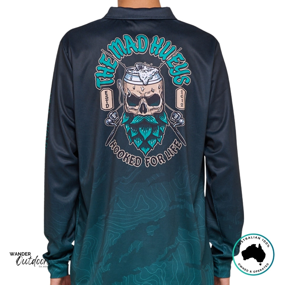 Back view of The Mad Hueys Frothin Hooked For Life UPF 50+ Fishing Jersey showing bold skull and beer graphic with Hooked For Life text.