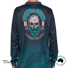 Back view of The Mad Hueys Frothin Hooked For Life UPF 50+ Fishing Jersey showing bold skull and beer graphic with Hooked For Life text.