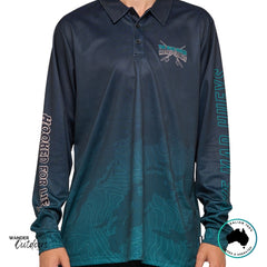 Front view of The Mad Hueys Frothin Hooked For Life UPF 50+ Fishing Jersey in black, featuring front logo print and long sleeves.