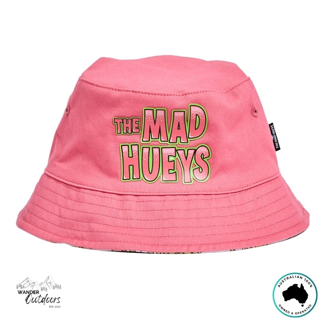 Pink bucket hat with 'The Mad Hueys' text on a white background