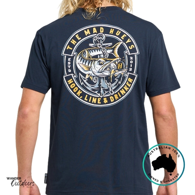 Navy blue t-shirt with 'The Mad Hueys' logo on the back, worn by a person.