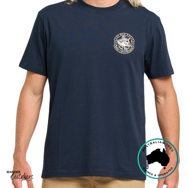 Navy blue t-shirt with a logo on the chest, worn by a person.
