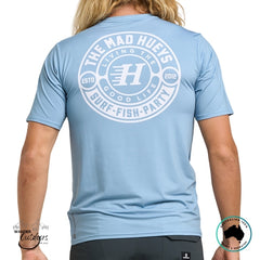 Light blue t-shirt Rashie with The Mad Hueys Good Life logo on the back, worn by a person.