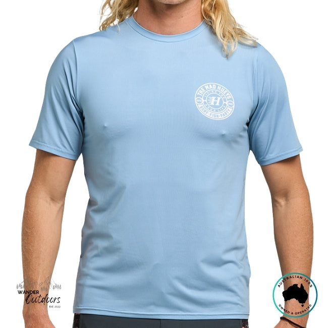 Light blue t-shirt Rashie with The Mad Hueys Good Life logo worn by a person on a white background