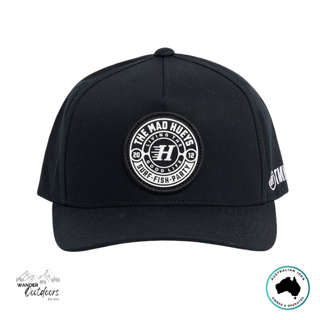Black cap with The Mad Hueys Logo on a white background