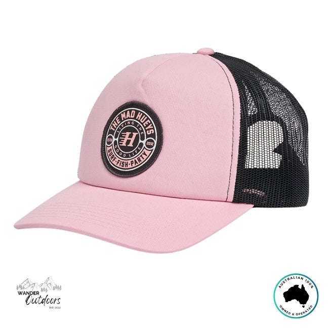 Pink cap with black mesh back and The Mad Hueys Good Life Logo on a white background