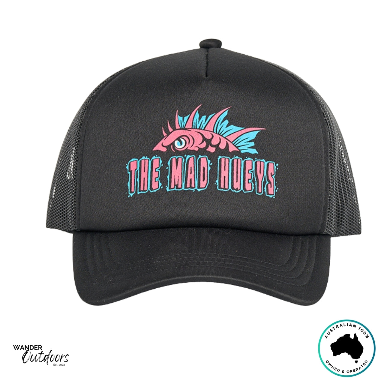 Front view of The Mad Hueys Kids King Cod Codzilla Foam Trucker Hat with bold Codzilla graphic on front panel.