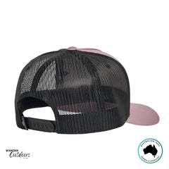 Back view of The Mad Hueys Living Hueys Twill Trucker Hat showing black mesh panels and adjustable snapback closure.