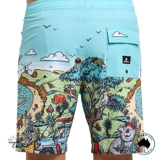 Colorful shorts with a nature-themed design on a white background
