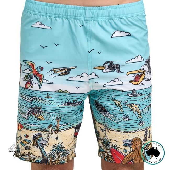 Beach-themed shorts with illustrations of parrots, dolphins, and people on a white background