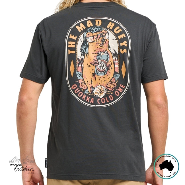 Person wearing a black t-shirt with a colorful graphic design on the back, featuring The Mad Hueys Logo and a Quokka character.