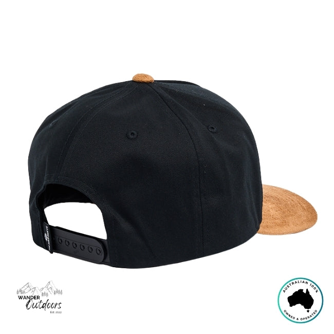 Black cap with brown visor on a white background, featuring Wander Outdoors branding.