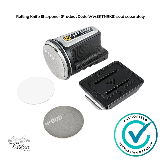 Rolling knife sharpener with accessories on a white background, featuring Wander Outdoors branding.