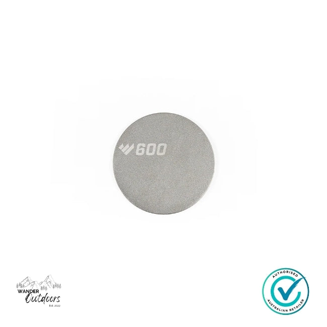Gray sanding disc with '600' branding on a white background, featuring Wander Outdoors logo and certification badge.