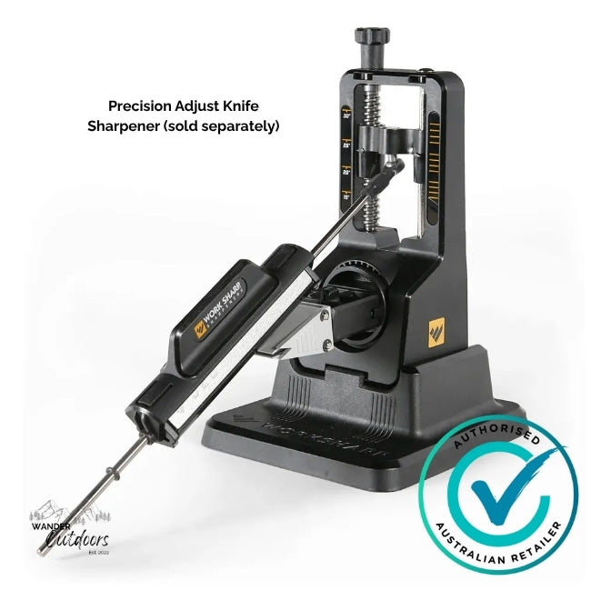 Knife sharpener with a stand on a white background, featuring the WORK SHARP logo.