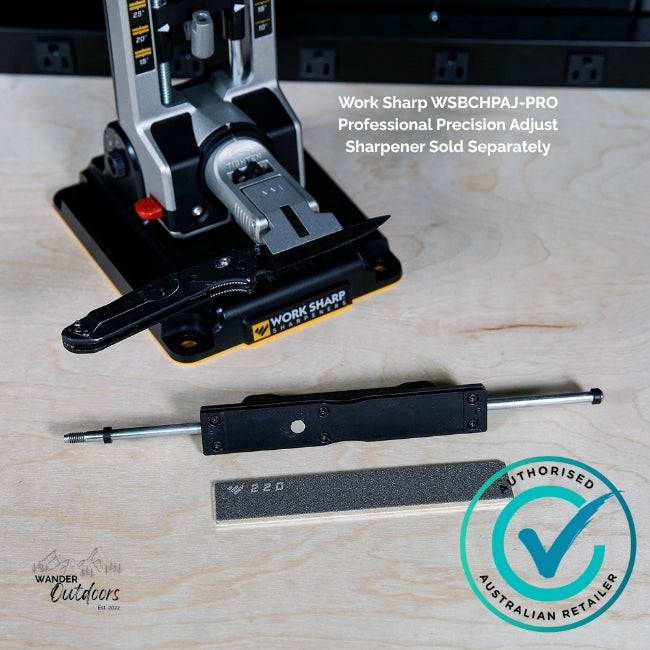 Work Sharp sharpening system on a wooden surface with branding and certification logos.
