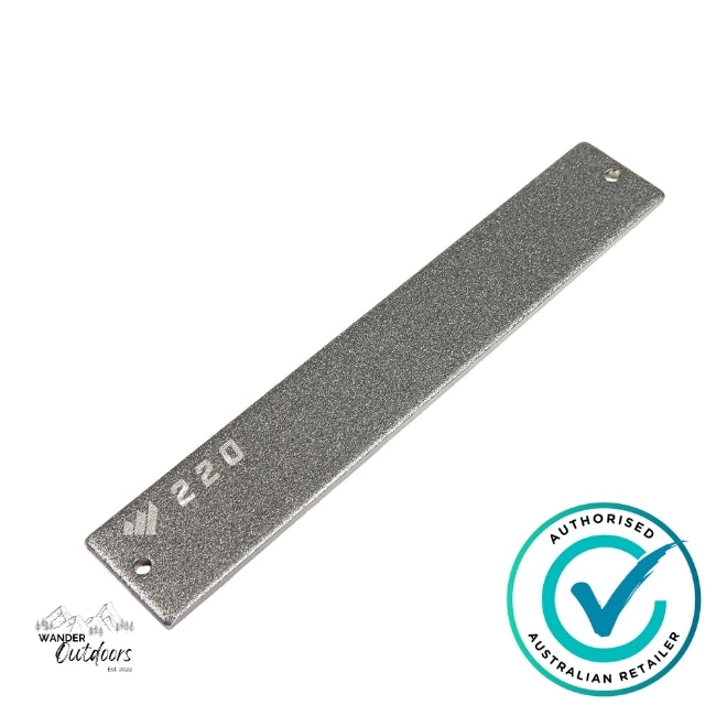 Metal sanding block with '220' grit and authorised Australian retailer logo on a white background