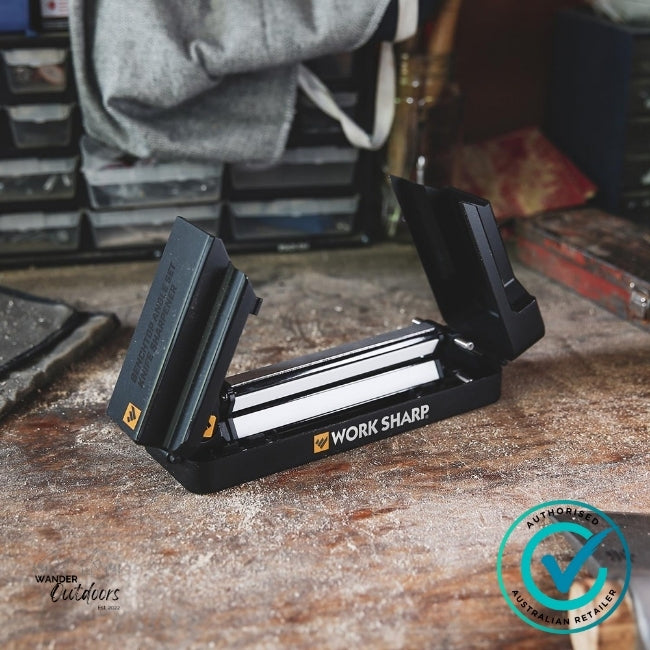Work Sharp Angle Set Sharpener set up on workbench showing diamond and ceramic tri-abrasive rods in adjustable frame – authorised Australian retailer Wander Outdoors.