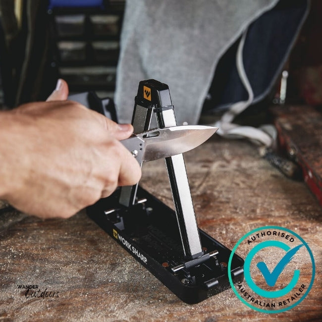Sharpening a folding knife on the Work Sharp WSBCHAGS Angle Set Sharpener using fine diamond surface – Wander Outdoors authorised Australian retailer